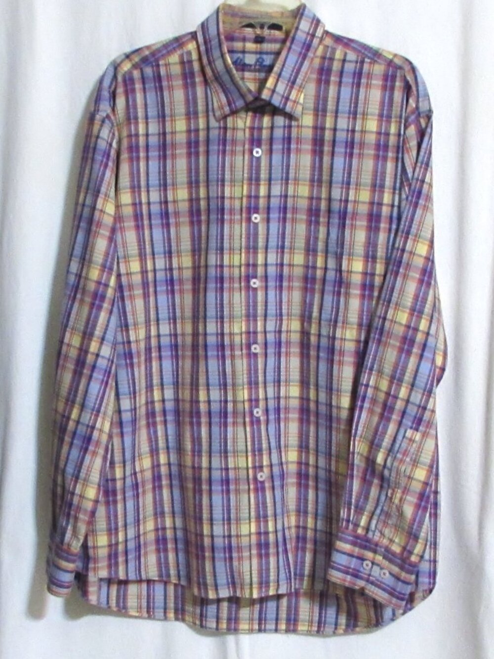 NEW Men's ALAN FLUSSER Purple & Blue Plaid Cotton Dress Shirt XL ORIG $175